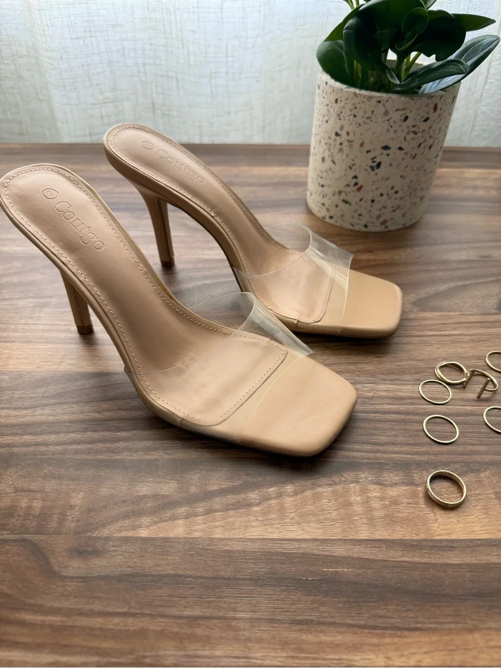 Beige and Clear Strap Heel Sandals